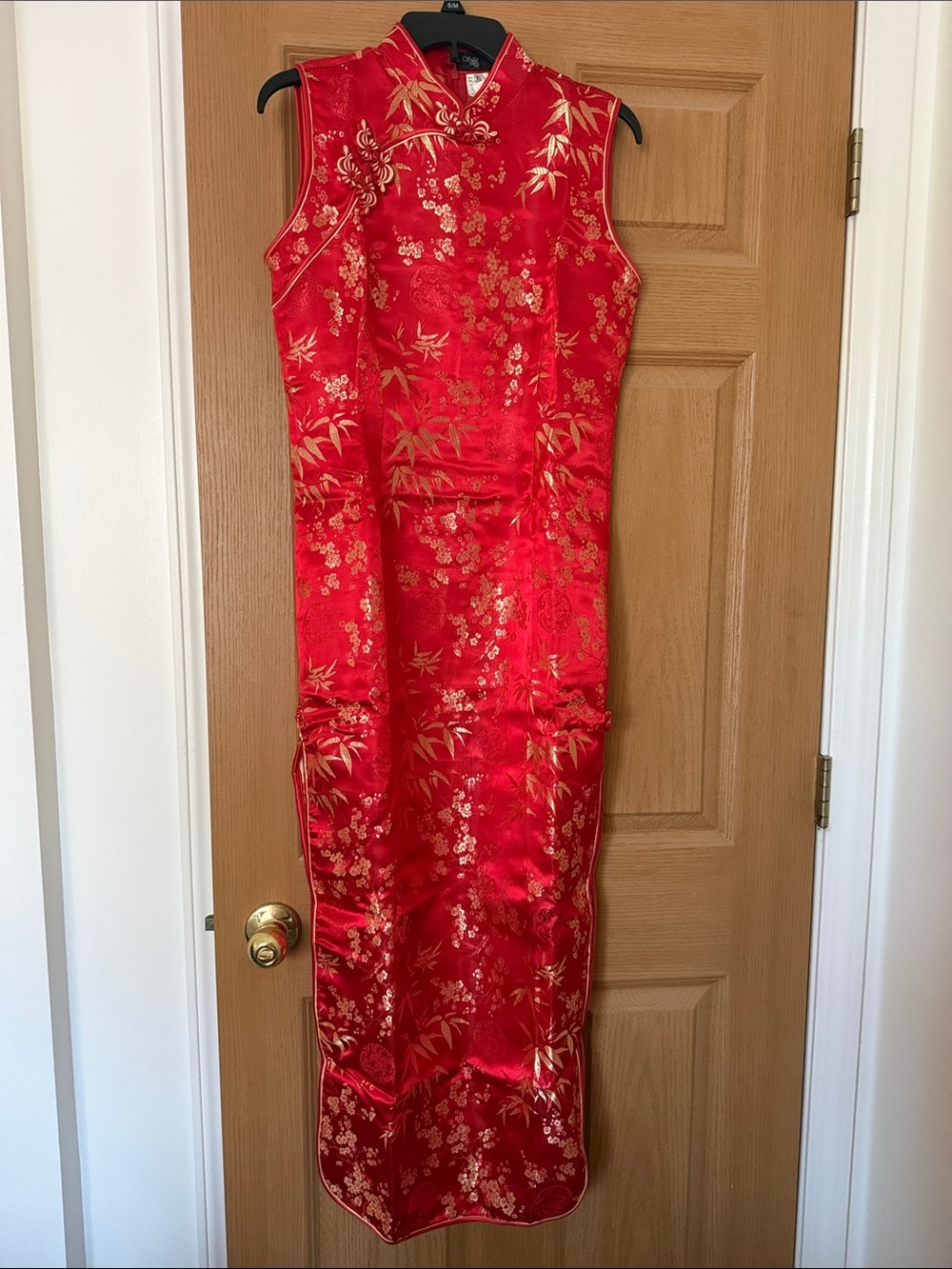 Red Sleeveless Brocade Cheongsam Dress with Gold Floral Detail